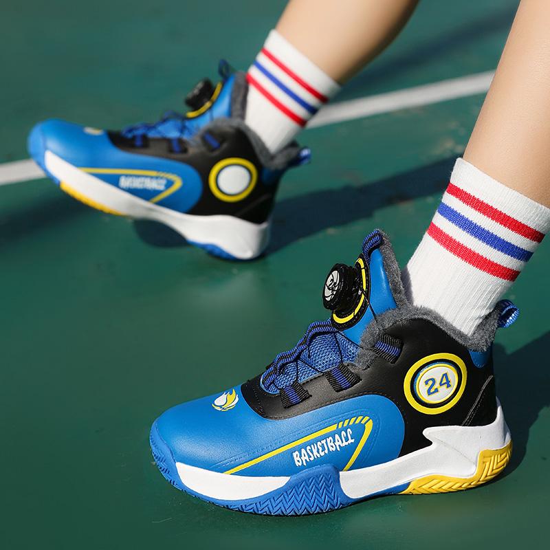 Autumn/Winter Warm Boys' Leather Rotating Buckle Basketball Shoes with Velvet, Children's Sports Professional Basketball Shoes