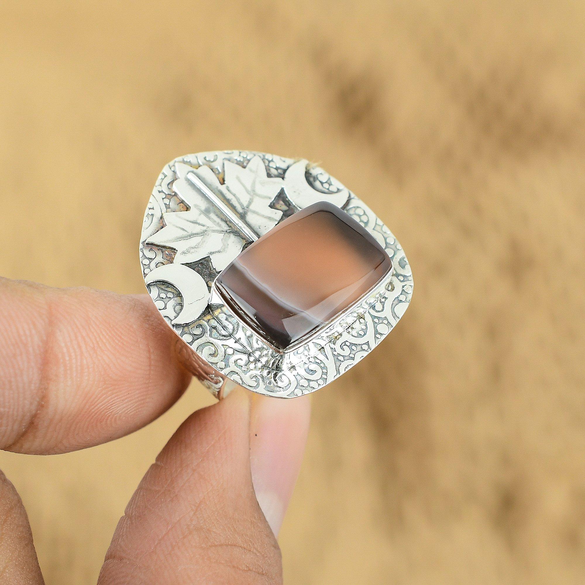 

Radiant Botswana Agate Gemstone Cresent Moon Art Deco Ring 925 Sterling Silver Yes