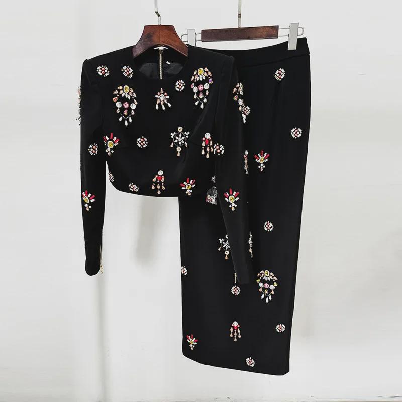 2025 Promi-Mode Perlenbesetztes Diamant-Top & Langer Rock Zweiteiler