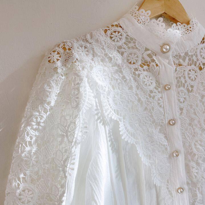 Women Lace Blouses Petal Sleeve Women Blouse Chic Button Hollow Out Flower Lace Patchwork White Shirt Top Female Clothing