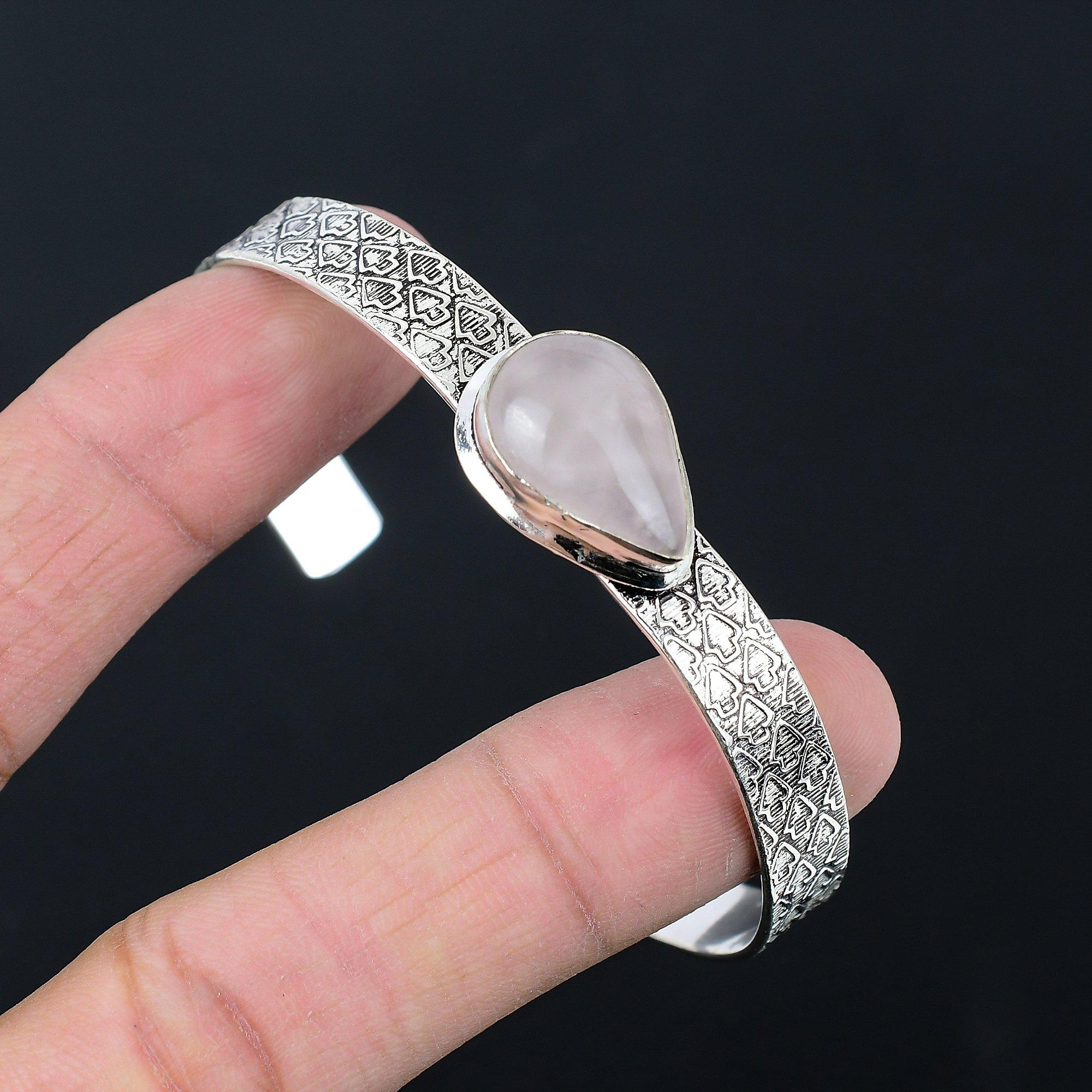 

Sterling Silver Pear Natural Rose Quartz Wife Anniversary Wedding Bangle Jewelry Adjustable