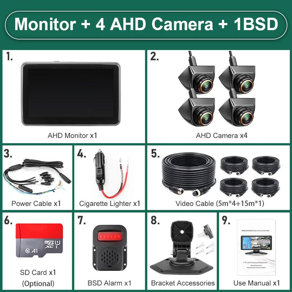 7 Inch Touch Screen 4 Channels Split Screen BSD Radar Alarm Car DVR Recorder Parking Monitor With 4PCS 1080P AHD Backup Camera