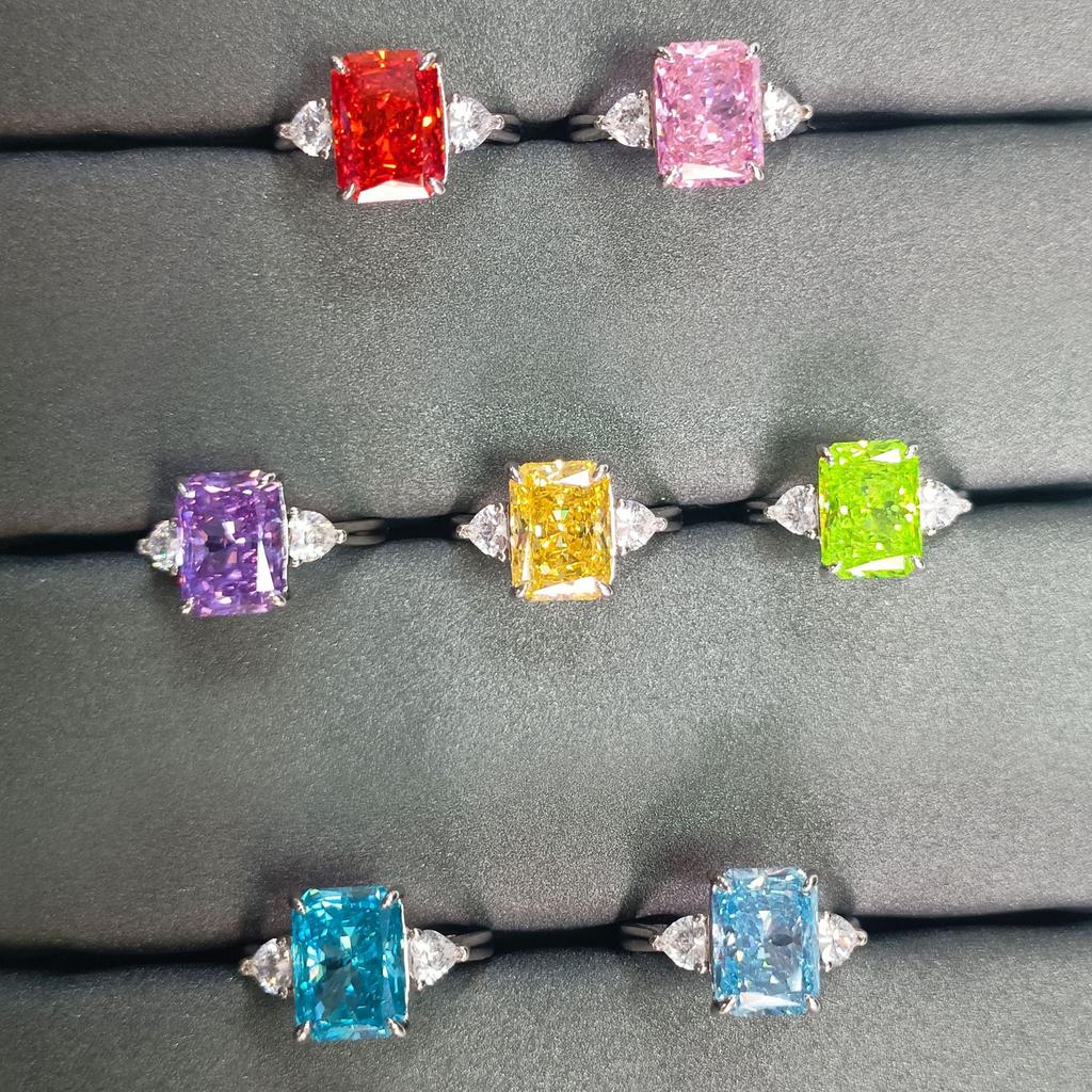 New 925 Sterling Silver Ring Women's 4 Carat Ice Flower Cut Chamfered Rectangular Fireworks Cut High Carbon Diamond Colored Treasure