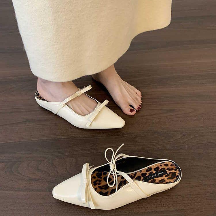 Trendy brand French bow Mary Jane half slippers women's shoes increase height spring and summer new bag head cool slippers single shoes women