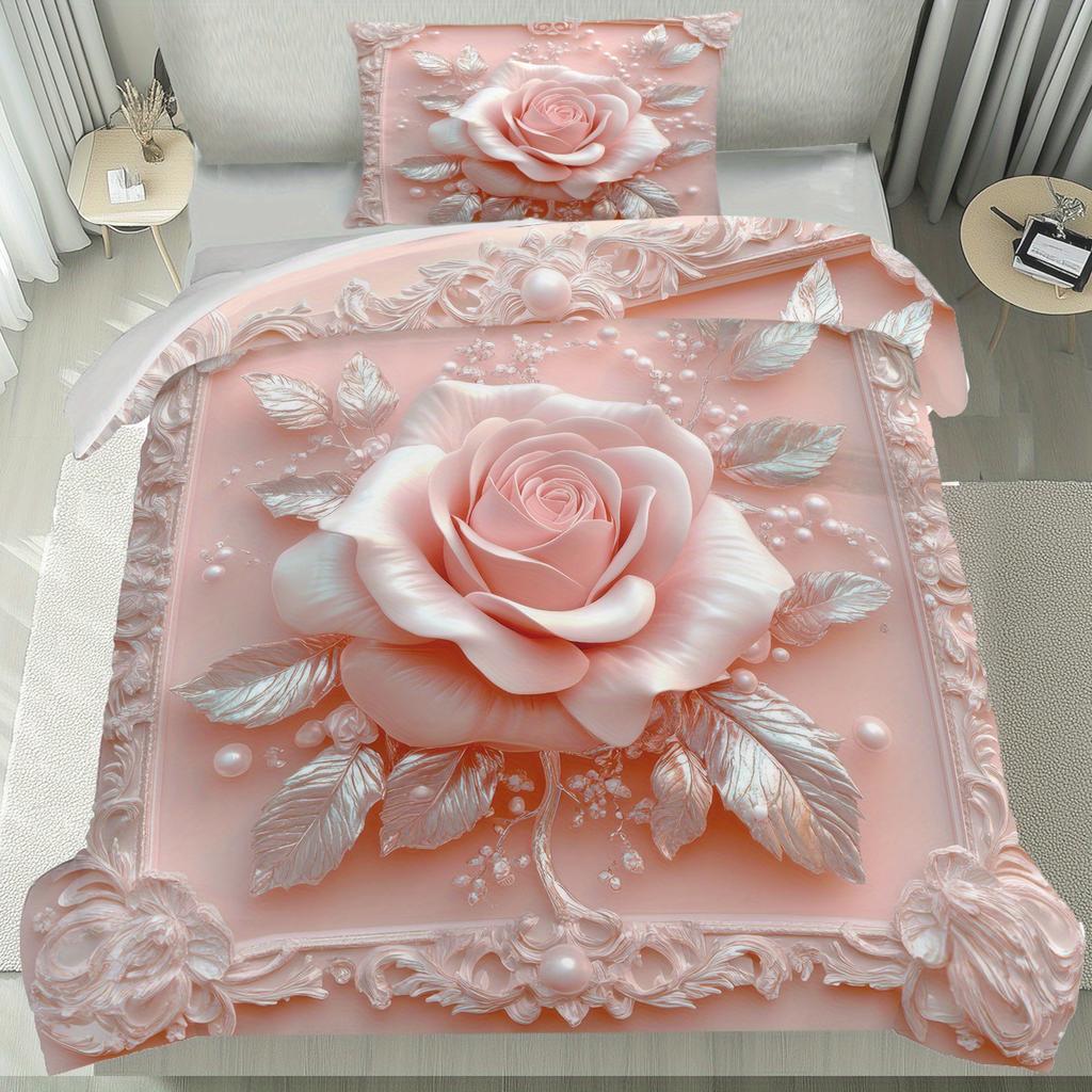 Pink Rose & Silvery Leaves Duvet Cover Set Elegant Design Soft Bedding Machine Washable Bedroom Decorative Comforter Set