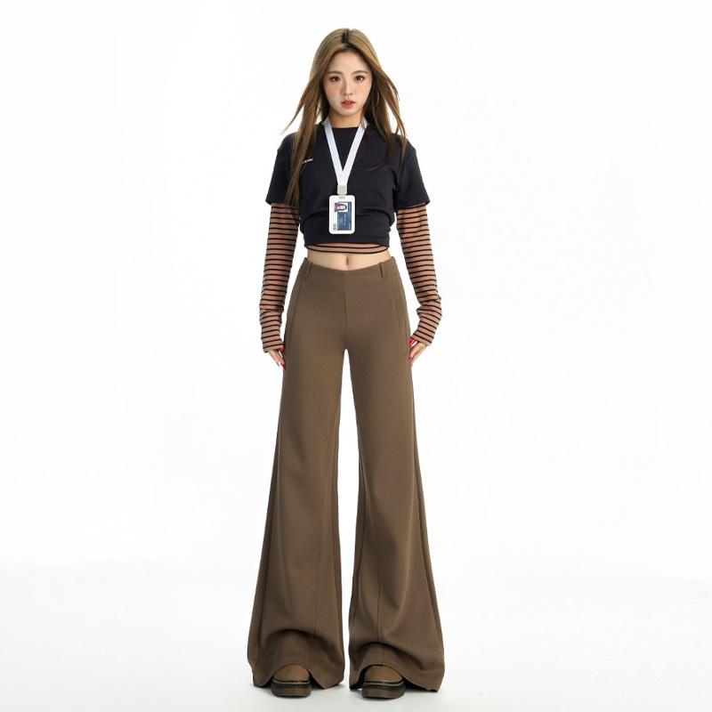 

Женские повседневные брюки микро-клеш светло-серого цвета: Брюки клеш длиной до пола со средней посадкой, свободного кроя, на резинке для осени 2025 Extra Large