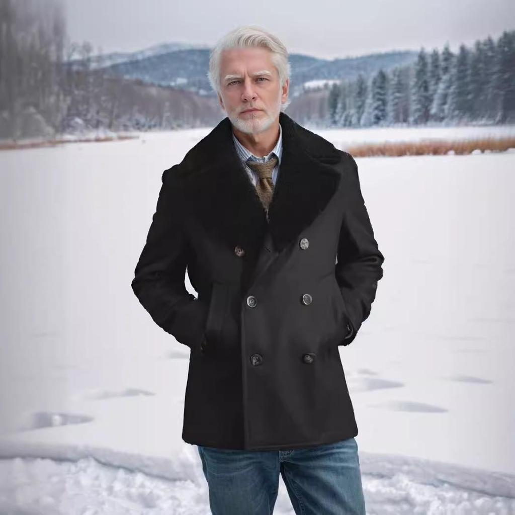 Men's Slim Fit Double-Breasted Wool Coat with Cashmere Fur Collar - European Sizes for Autumn/Winter