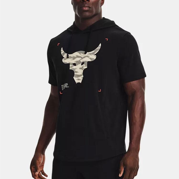 Under Armour Project Rock Contrast Hooded Training Short Sleeve T-Shirt Men Tops Black 1370465-001