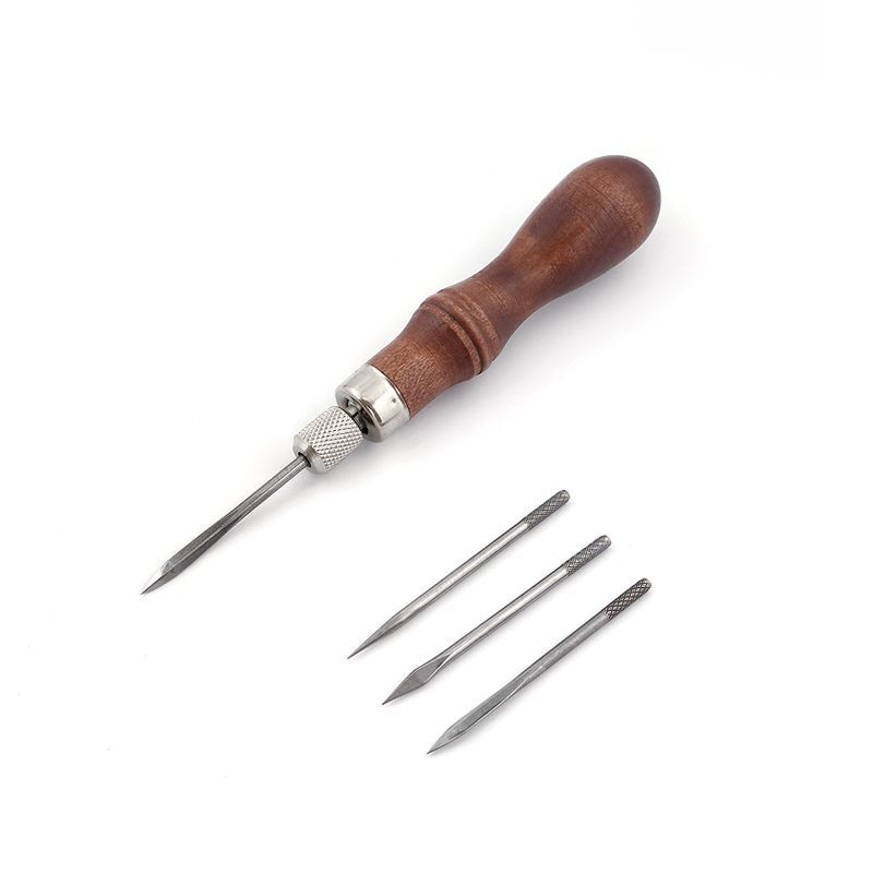 4 in 1 DIY Wood Handle Leather Stitching Awl for Leather Sewing Scratch Awl Tools Canvas Leathercraft Sewing Needle Kit