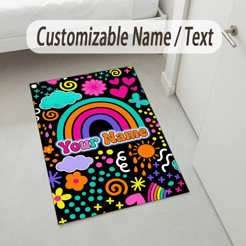 Rainbow Dreams Theme Soft Crystal Velvet Rug Custom Name & Text Print Non Slip Floor Rug for Bedroom Living Room