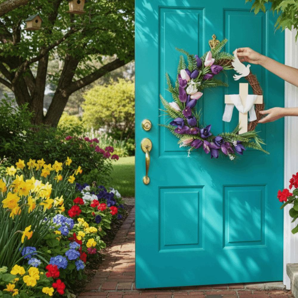 Künstlicher Oster-Tulpen-Kreuzkranz Kunstblumen Türhänger Rattan-Ring Girlande Kindergeschenke