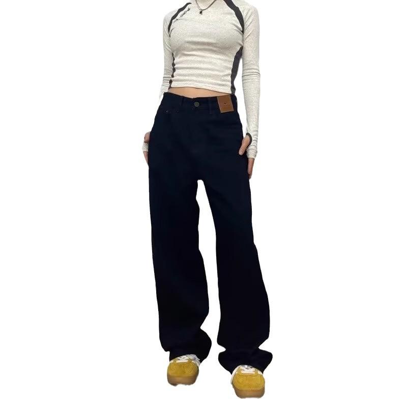 Women's High-Waist Black Straight-Leg Jeans: Casual, Slimming, Wide-Leg Pants for an American High Street Look