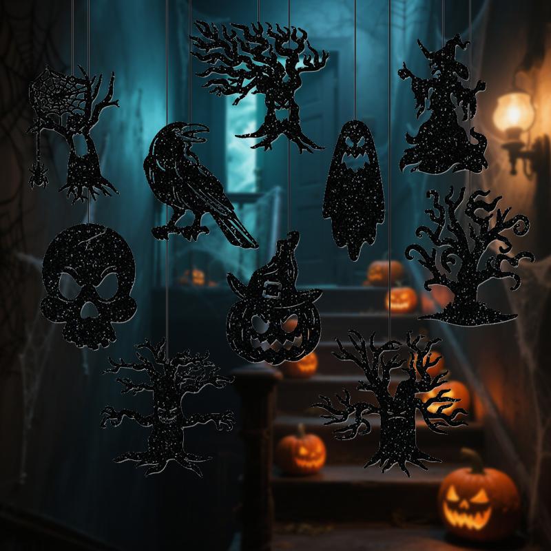 10pcs/set Halloween Hanging Banner Garland Scary Spider Witch Ghost Bat Pendant Ornament Happy Halloween Party Home Decorations