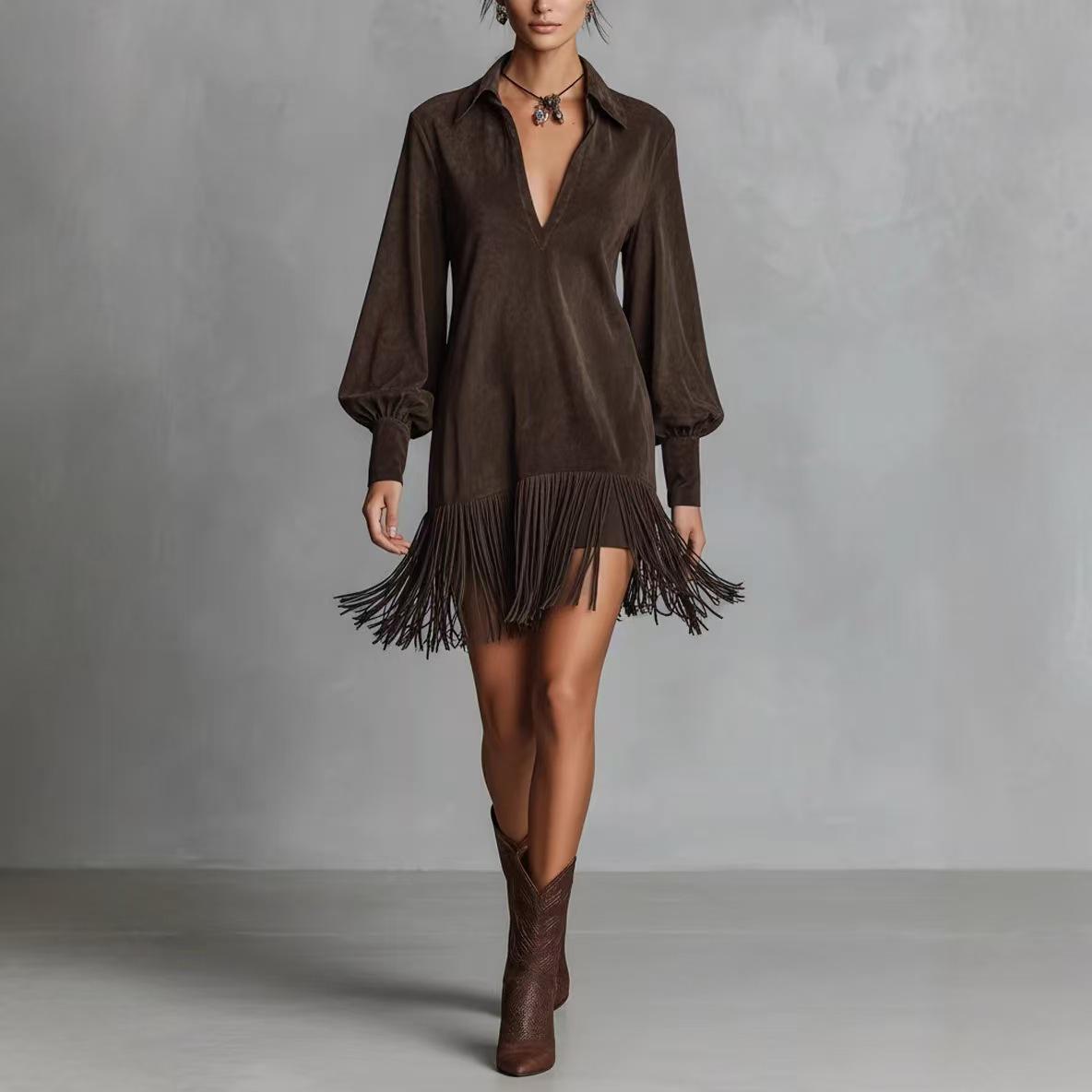 

Faux Suede V-Neck Lapel Zipper Long Sleeve Top with Tassel Hem S кавовий