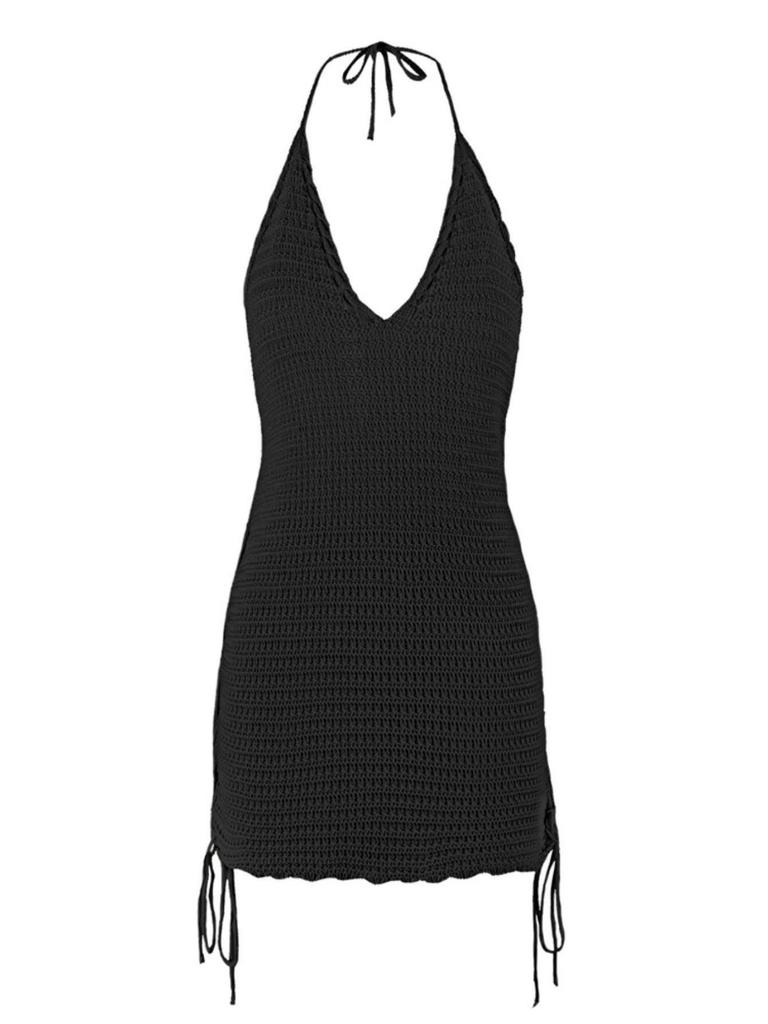 Solid Knitted Halter Deep V-neck Dress 2025 Women Side Cross Straps Fashion Crochet Beach Vacation Crochet Mini Dress K104