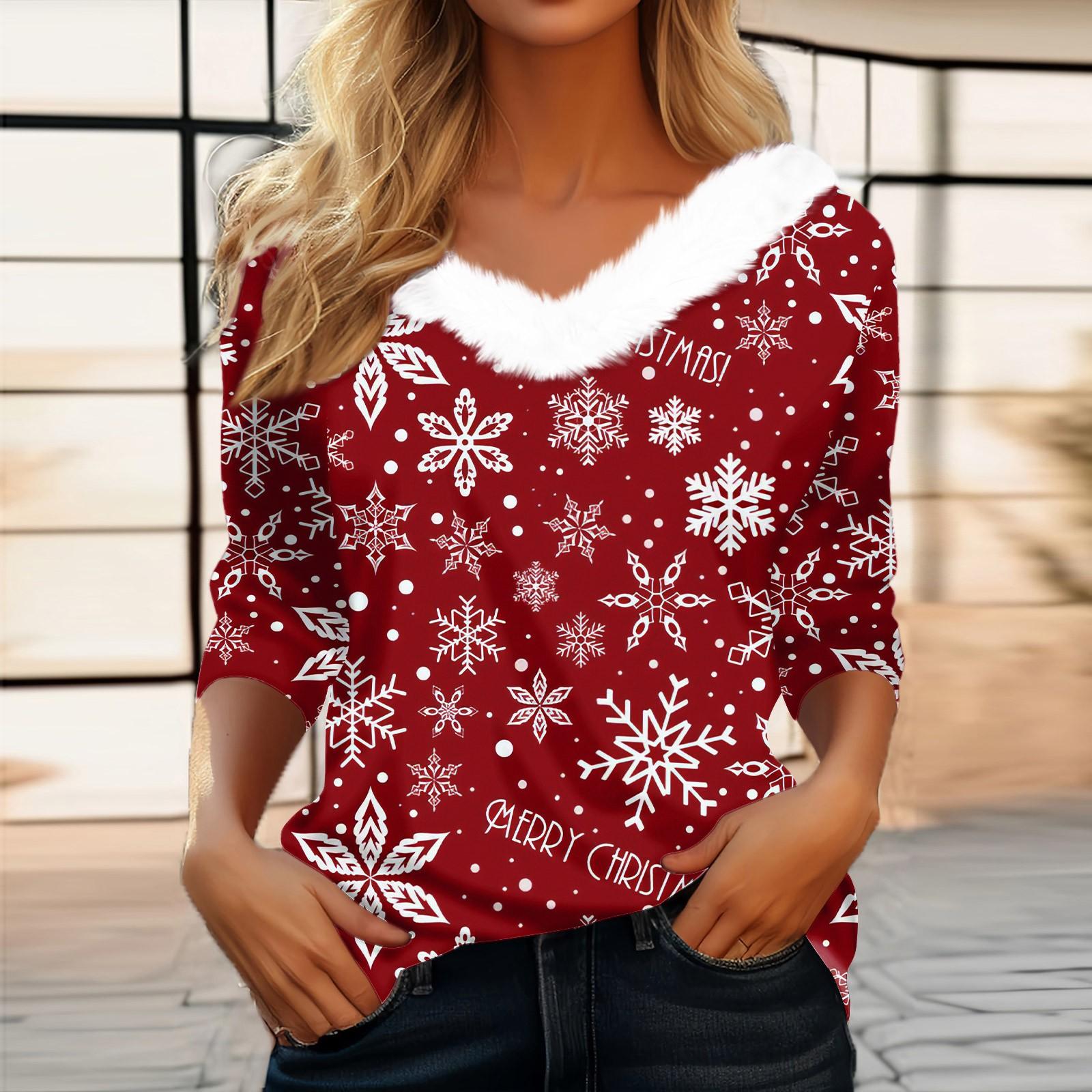 

Женская мода с длинным рукавом и рождественским принтом, праздничный воротник, V-образный вырез XL красный