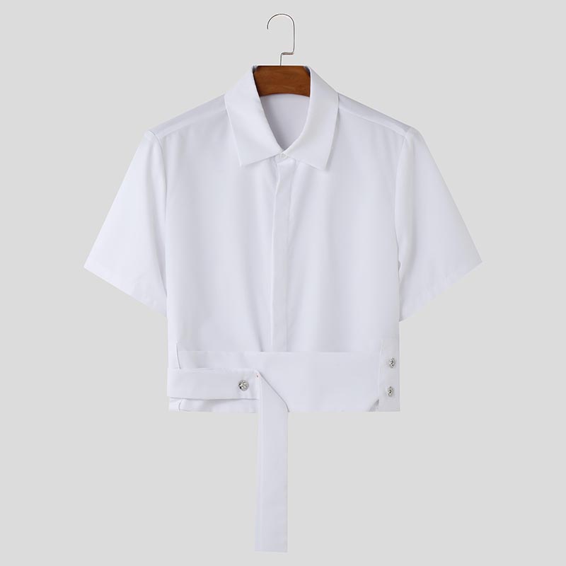 

INCERUN Men Summer Lapel Neck Short Sleeve Waist Belt Casual Cropped Shirts 5XL білий