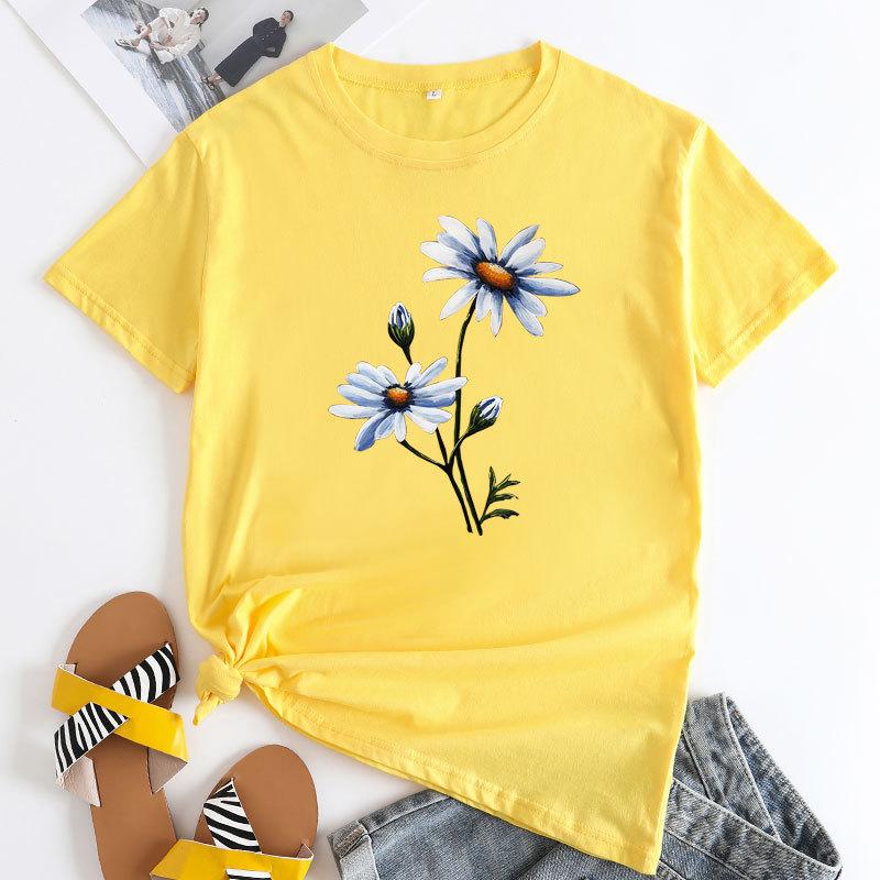 

Летняя женская одежда с цветочным принтом из чистого хлопка, свободные повседневные футболки с круглым вырезом больших размеров с короткими рукавами для женщин XXL жёлтый