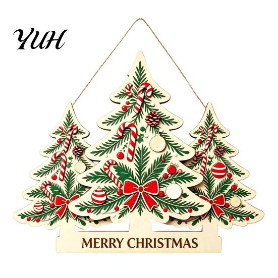 Christmas Front Entrance Sign Wooden Hanging Ornament, Multi-Layer Tree Wood Plaque Atmosphere Wall with Rope, Merry Festive Door Decor Shaped Signs