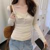 Pure Desire Lace Low-necked T-shirt Women's Early Spring Break Two Bm Floral Bottoming Shirt with Short Top Inside