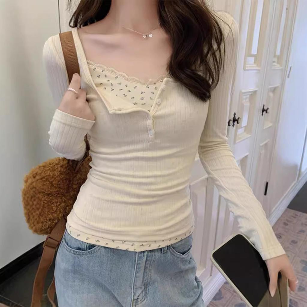 Pure Desire Lace Low-necked T-shirt Women's Early Spring Break Two Bm Floral Bottoming Shirt with Short Top Inside