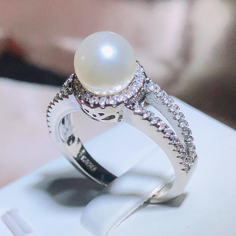Stamp Vintage Elegant Freshwater Pearl Ring Ladies Wedding Proposal Jewelry Luxury White Zircon Jewelry Gift