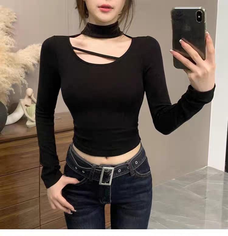 Spicy Girl Style Halter Neck Long Sleeve T-Shirt: Spring & Autumn Slim Fit, Pure Design, Short Base Layer for Women.