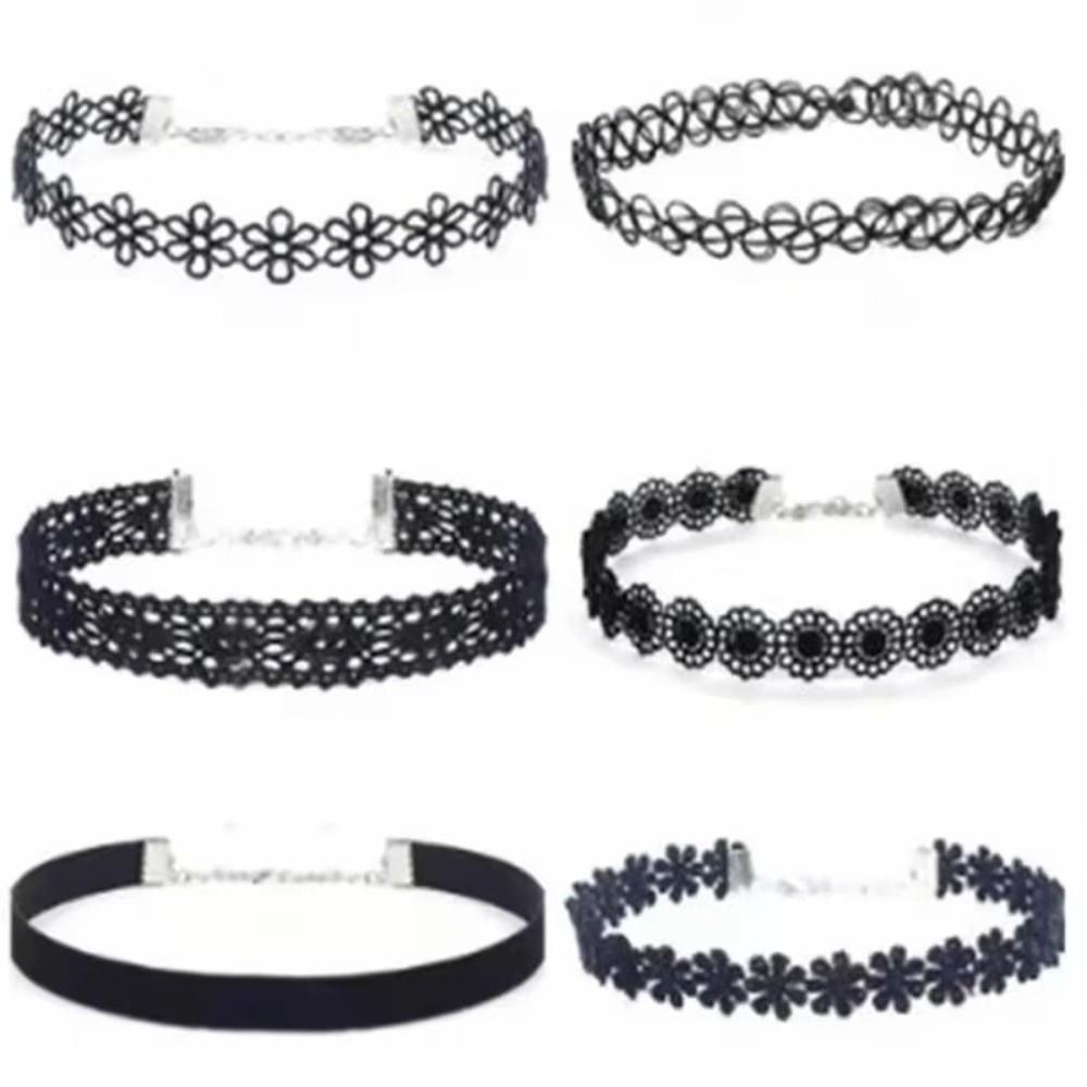 6Pcs/Set Black Color Lace Chokers Adjustable Punk Necklace Fashion Gothic Elastic Necklace  Party