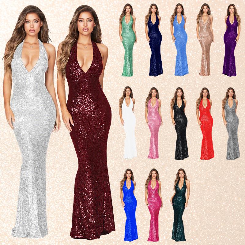 Women's sequin French vacation-style dress, sophisticated and elegant party mermaid gown