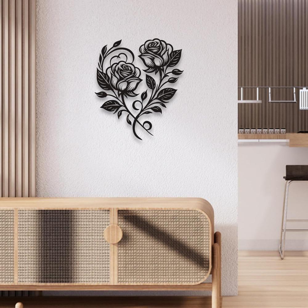 Wrought Iron Rose Heart Wall Art Black Metal Flower Home Decor Romantic 12.6x11 Inch For Living Room Bedroom Outdoor Valentine Gift