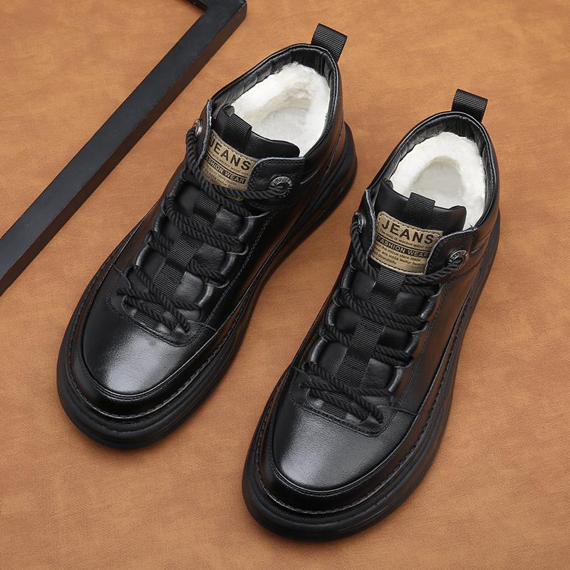 Fashion Winter Warm Plush High Top Shoes for Men's Thick Soles Wear-resistant Anti Slip Oxford Shoes Men's Genuine Leather Casual Shoes