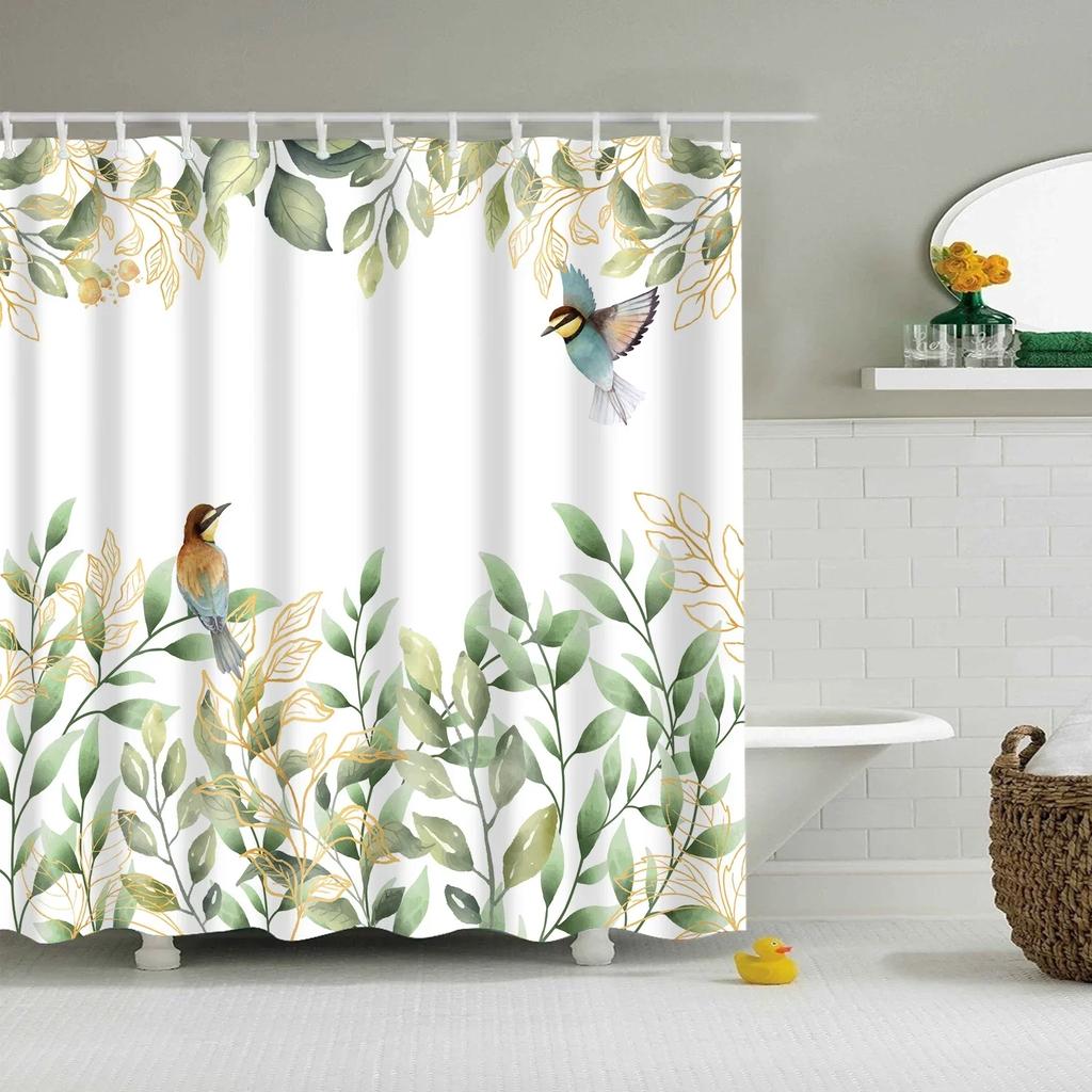 Tropical Green Plant Palm Leaves Bathroom Accessories Set Shower Curtain Bathroom Curtains Waterproof Polyester with Hooks