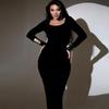2024 Autumn/Winter Women's Slim Lace-up Square Neck Long Sleeve Evening Dress