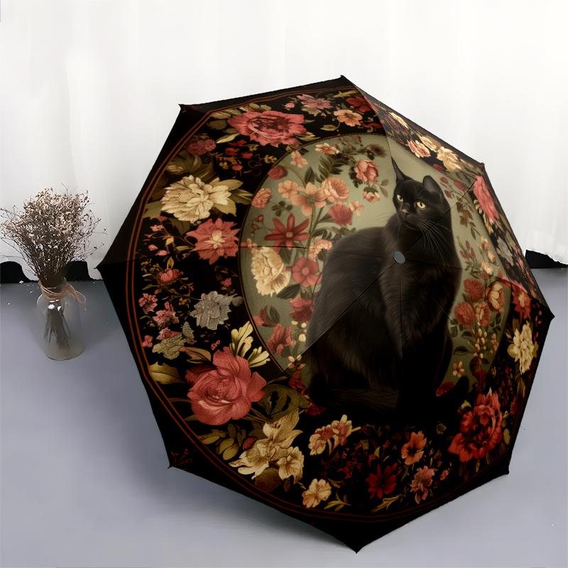 Cats and Vintage Flowers Pattern, Automatic Folding Umbrella, Portable and Foldable Design, 8 Ribs, a Christmas or Birthday Gift.