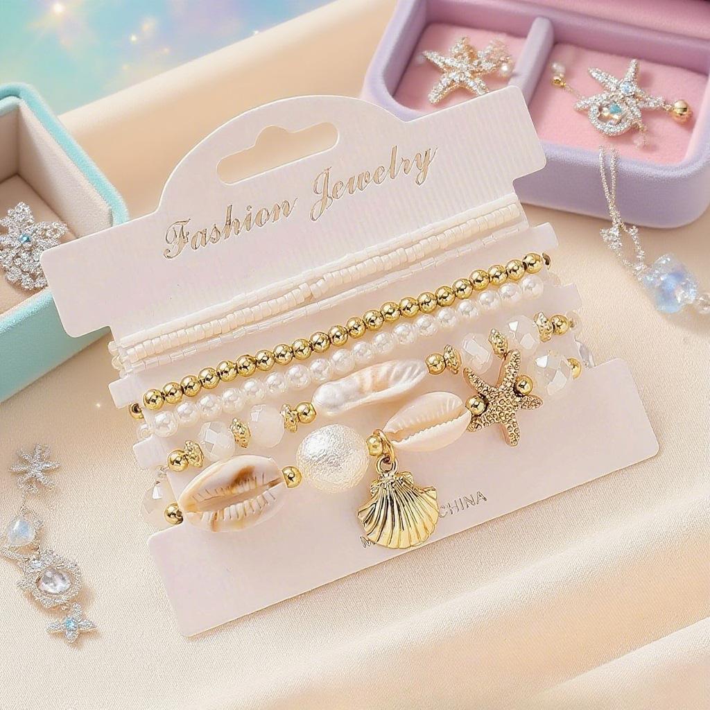 7-Piece Beach Bracelet Set: Ocean Bohemian Style, Shell, Starfish, and Pearl Pendant Bracelet, Suitable for Beach Vacations and