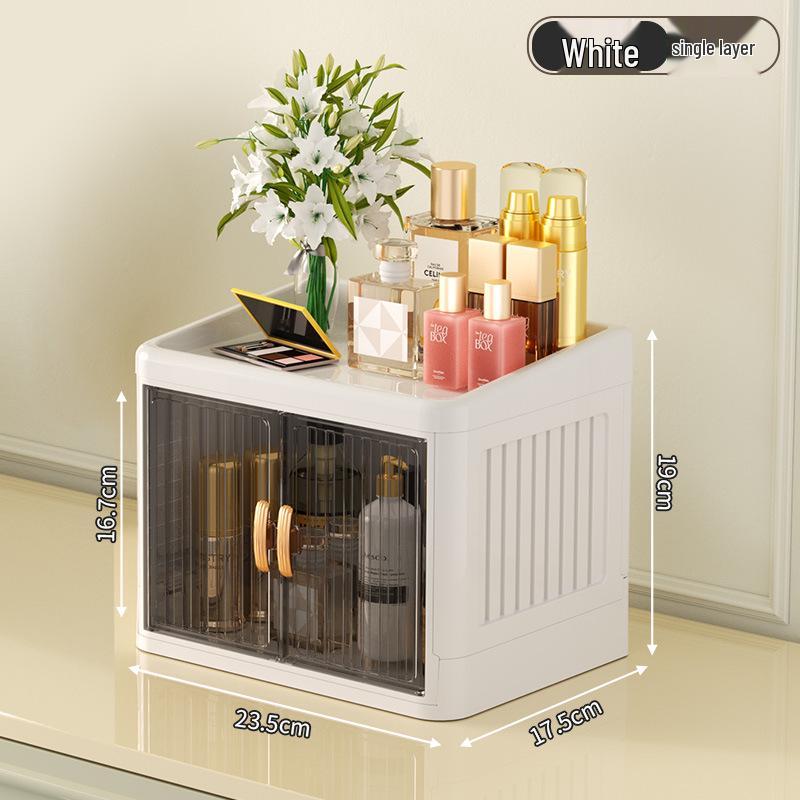 

Black Double-Door Foldable Storage Box with Drawers for Multi-Layer Organization of Stationery, Cosmetics, and Skincare.
