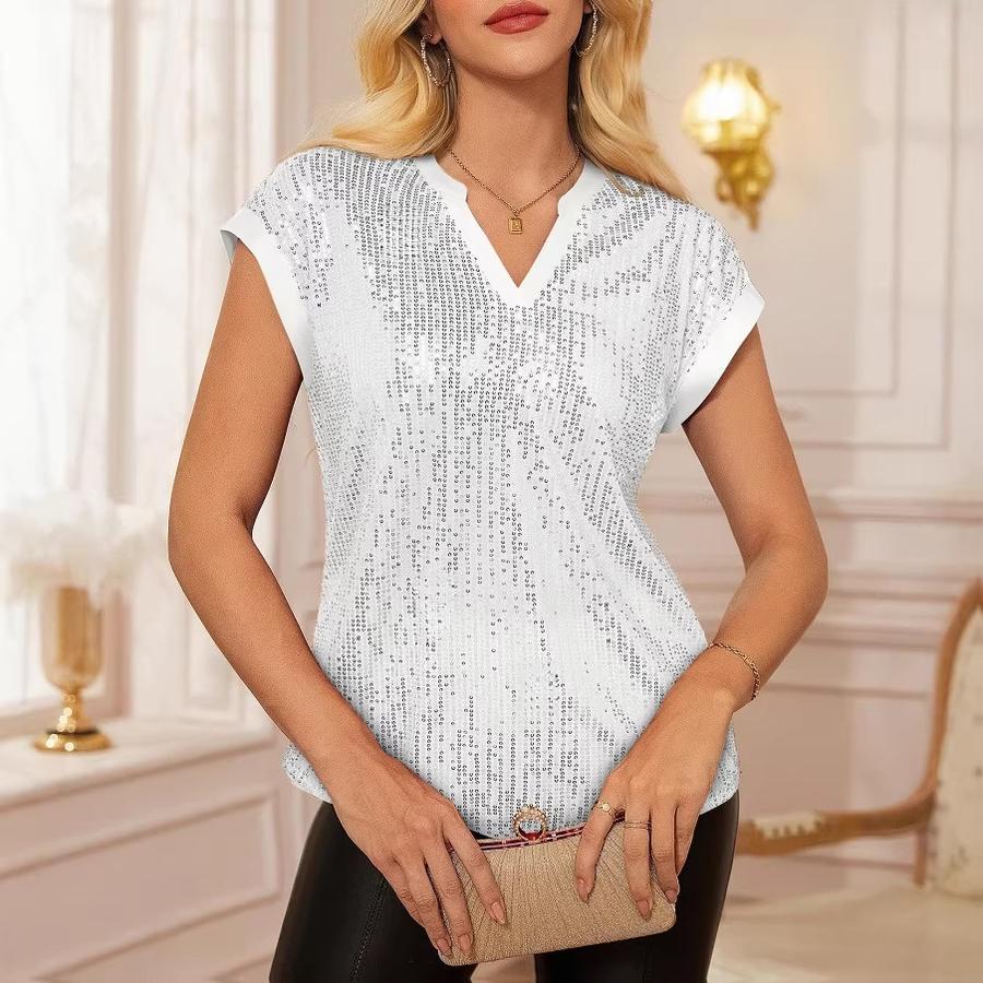 Women's Summer New Fashion Shiny Sequins V-Neck Short Sleeve Party Top Blouse for Women