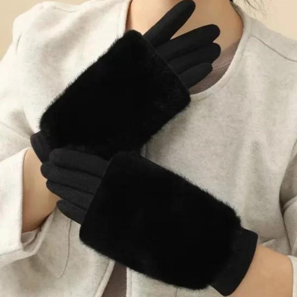 Damen Winterhandschuhe aus Kaninchen-Imitatfell, einfarbig, thermisch, Fäustlinge, Luxus-Wildlederhandschuhe, kaltes Wetter