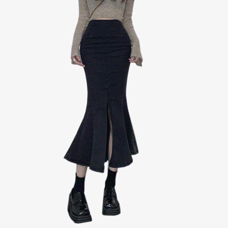 Ruffle Fishtail Skirt Black Slim High-waisted Open Package Hip A-line Elastic Medium-length Female Versatile Comfortable Fashion Denim Bustier Skirt