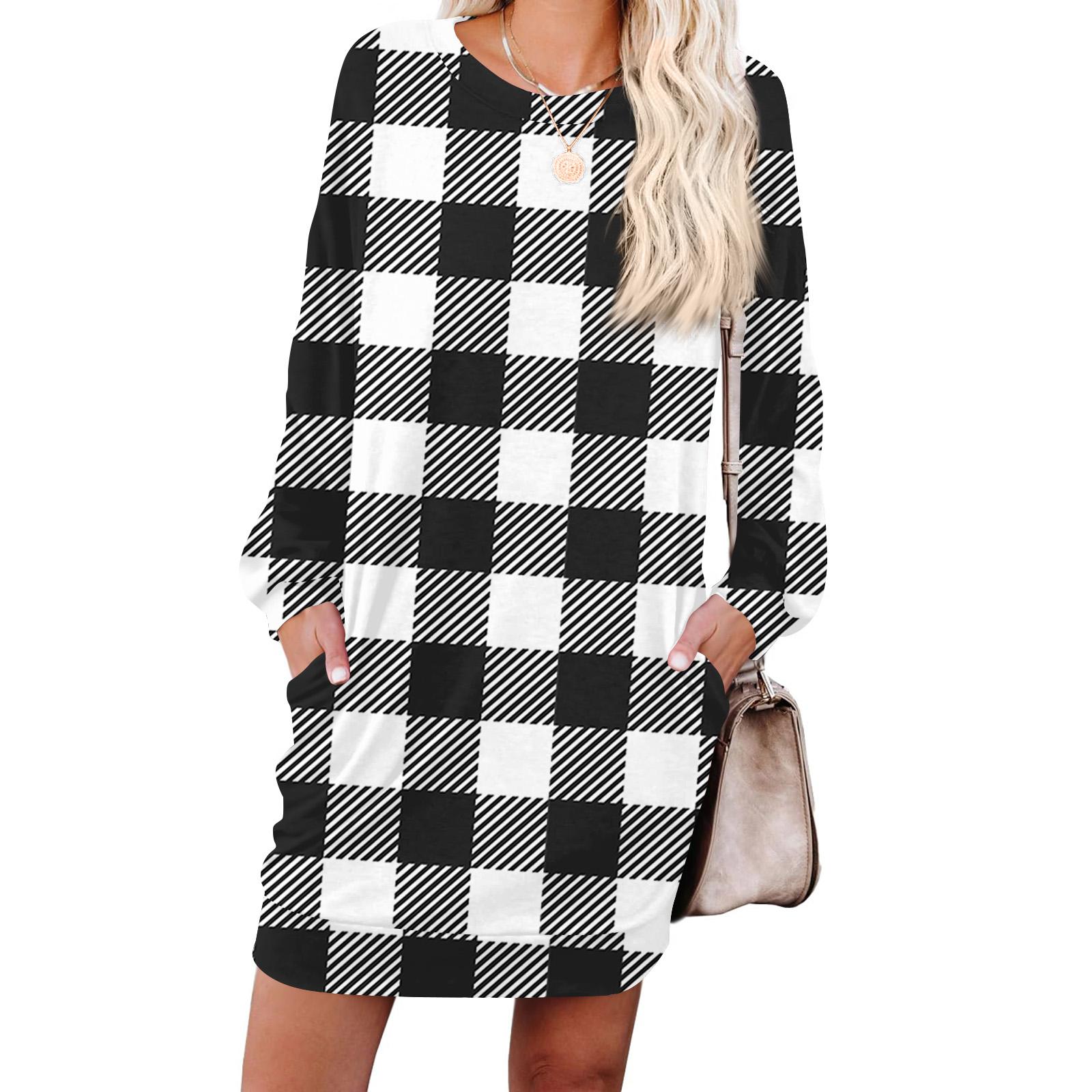 

Женское модное платье с клетчатым принтом, длинными рукавами, круглым вырезом и карманом XL белый