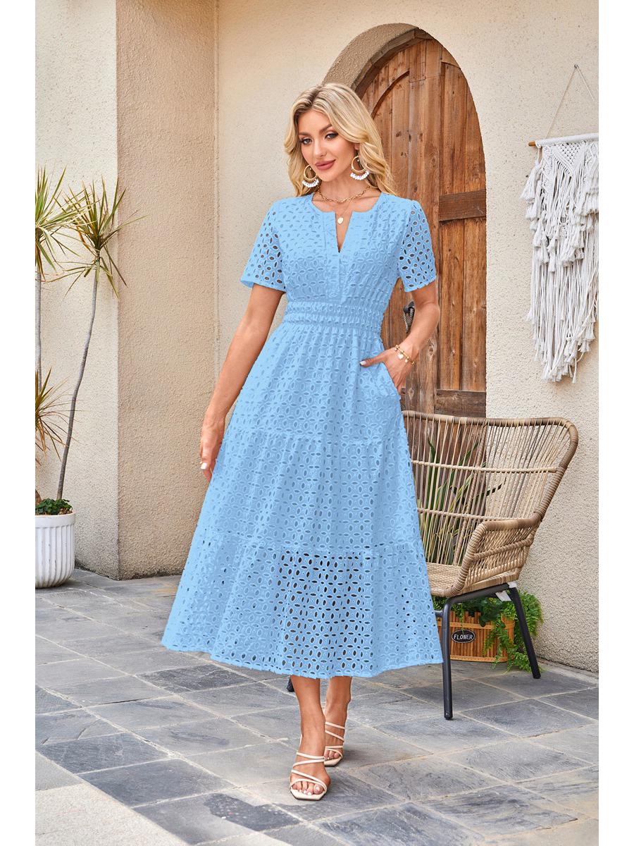 

Платье макси с V-образным вырезом, вырезом, оборками и короткими рукавами - 2025 Европейский и американский стиль, женская мода XL светло-синий