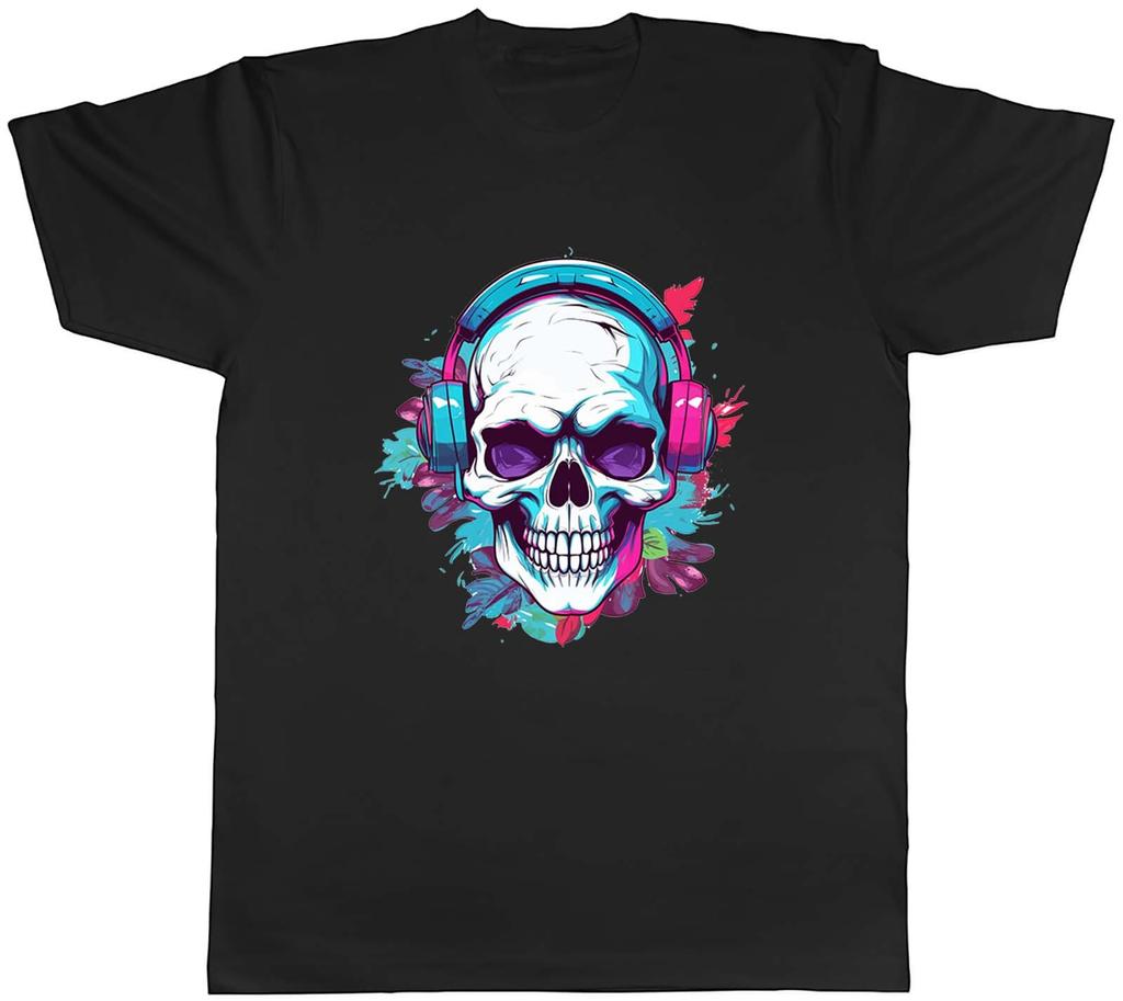 Skull Headphones Mens T-Shirt Dj Gothic Music Punk Emo Unisex Tee Gift