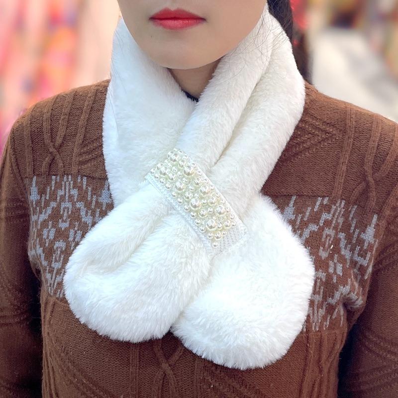 Winter warm scarf imitation rabbit hair pearl buckle hair scarf solid color versatile plush cute tide