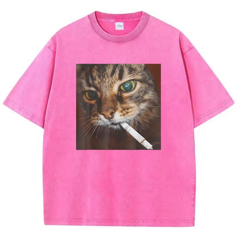 Hip Hop 2000s Smoking Retro Cat T Shirt Vintage Washed Cotton T-Shirt Graphic Tee Casual Streetwear Spring Summer