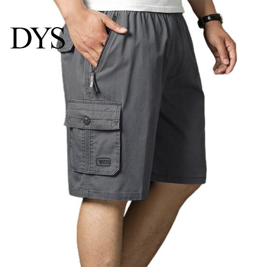 Men Short Pants Summer Casual Shorts Loose Elastic Waist Adjustable Drawstring Multi-Pockets Middle-aged Male Knee Length Sports Trousers