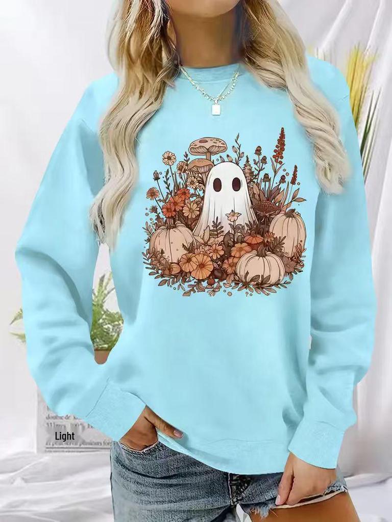 2025 Autumn/Winter Halloween Ghost & Pumpkin Hoodie, Versatile Long Sleeve, Round Neck