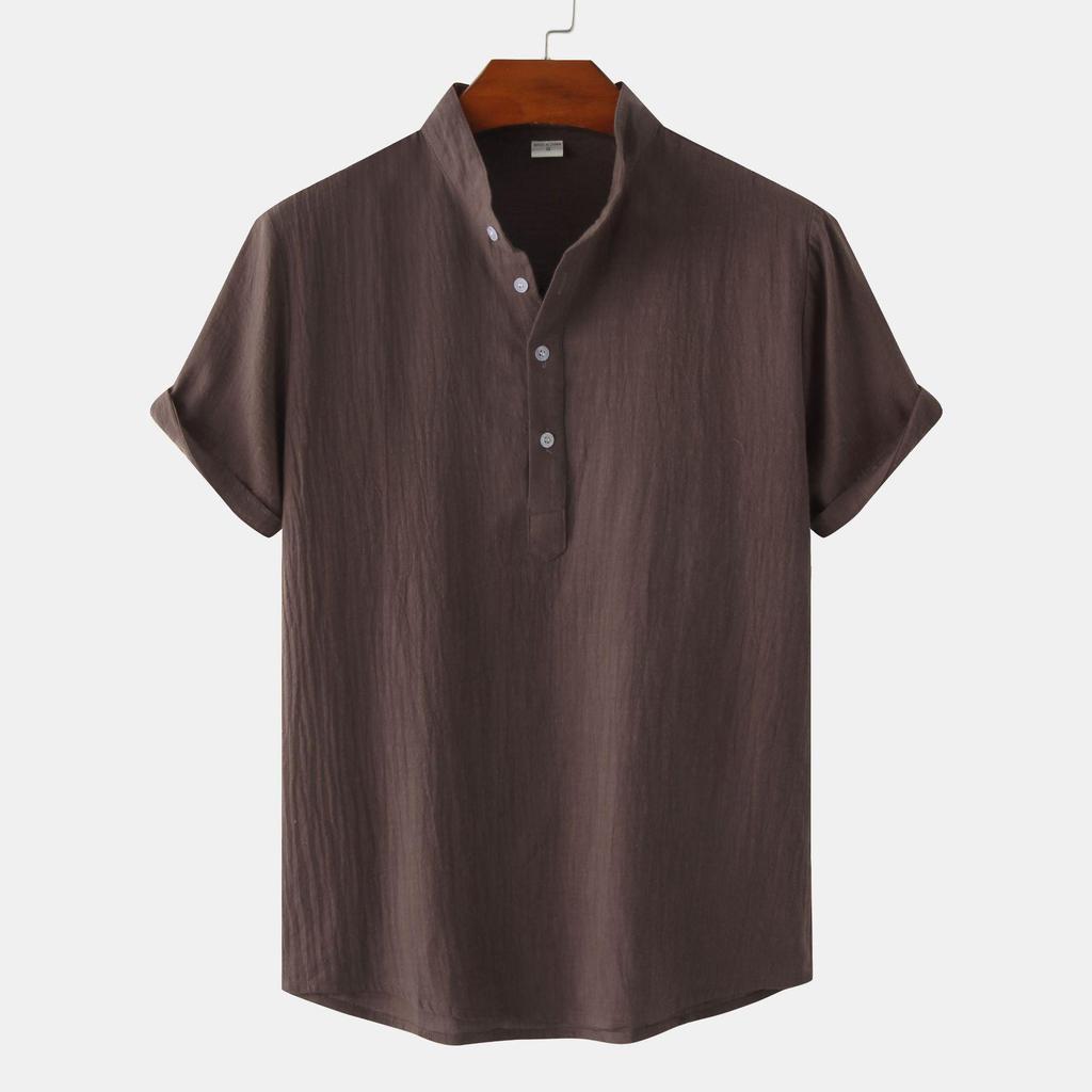 Summer 2024 Bestseller: Men's Solid Color Cotton Linen Stand Collar Short Sleeve Shirt - European & American Style