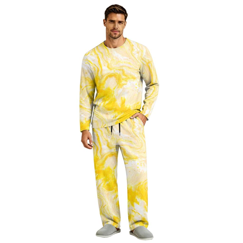 Men's Pajama Set Long Sleeve Top and Long Pants with Button Crotch and Elastic Drawstring Waist for Home Loungewear