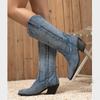 Mode Eilyken Mode DENIM Bottes Hautes au Genou à Bout Pointu Femmes Design Broderie Western Talons Carrés Hauts Automne Hiver Chaussures