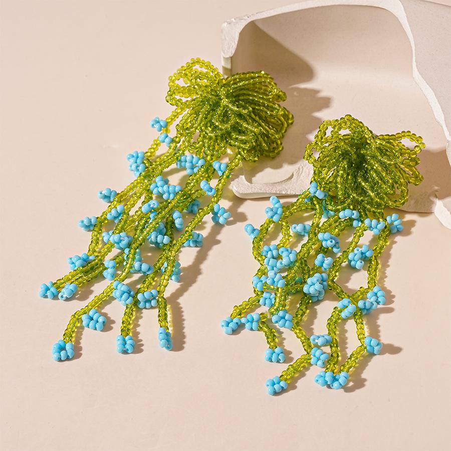 

Серьги с кисточками в стиле колор-блок с цветочным узором - Плетеные стеклянные бусины и стерлинговое серебро